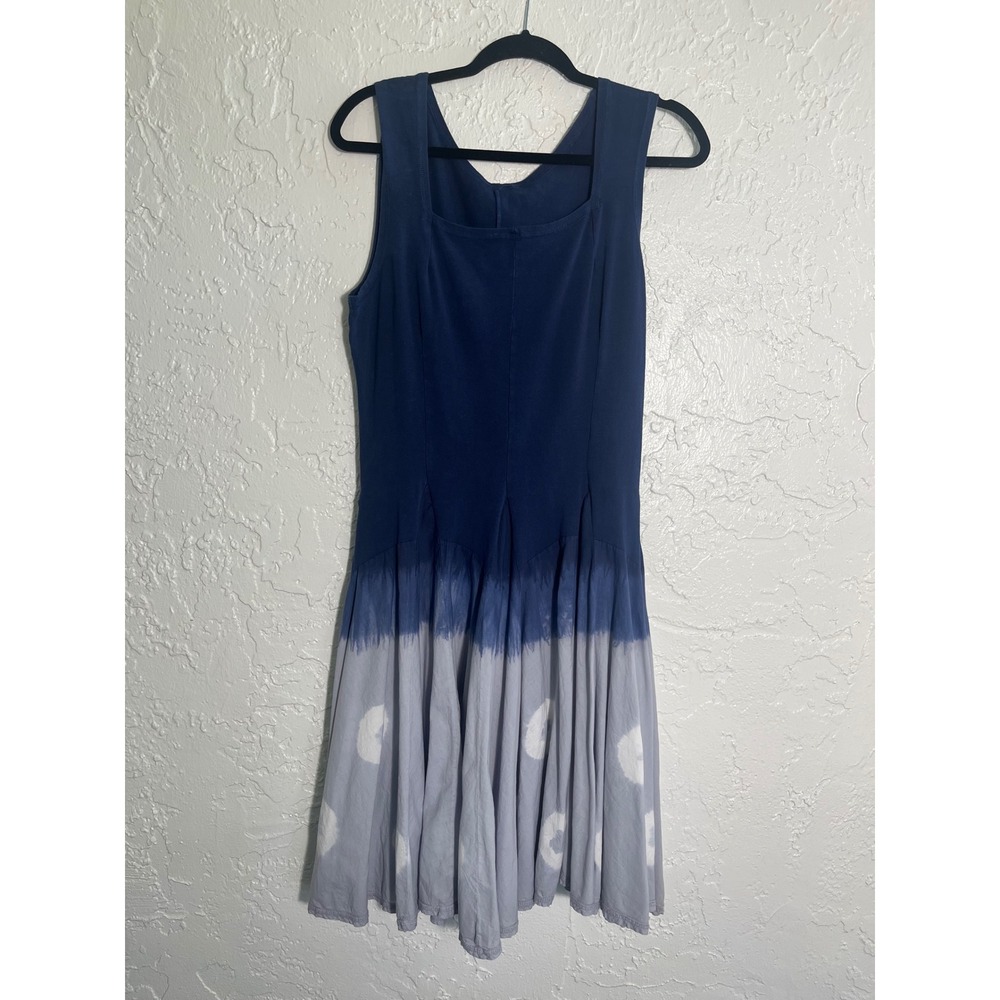 Luna Luz L Navy Blue Gray Tie Dye Cotton Fit Flare Midi Dress Made USA